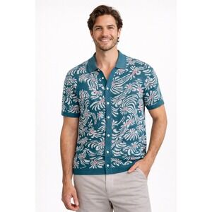 Bonobos Trippy Floral Sweater Polo Teal Pink Button Front Size L